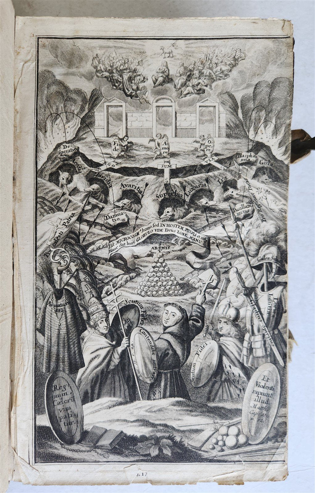 1710 DEPICTION of LUCIFER BATTLING w/ CHRISTIAN ARMY antique PIGSKIN BOUND FOLIO