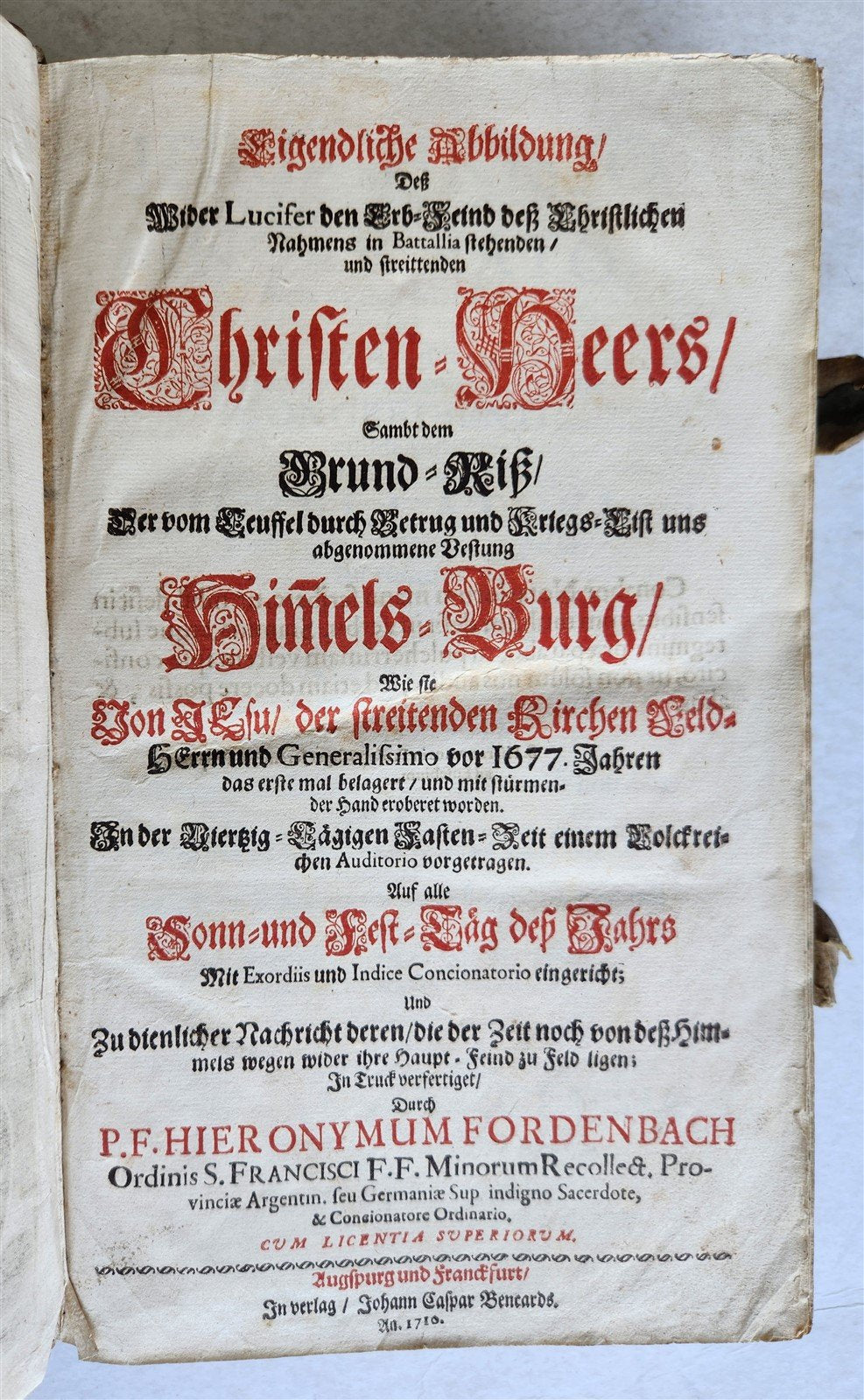 1710 DEPICTION of LUCIFER BATTLING w/ CHRISTIAN ARMY antique PIGSKIN BOUND FOLIO