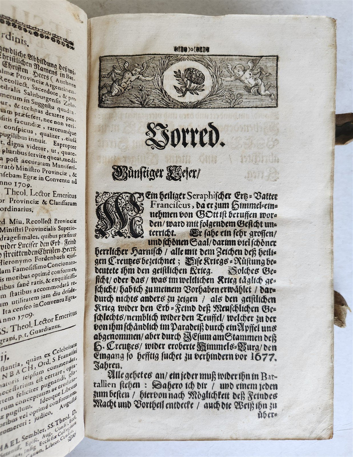1710 DEPICTION of LUCIFER BATTLING w/ CHRISTIAN ARMY antique PIGSKIN BOUND FOLIO