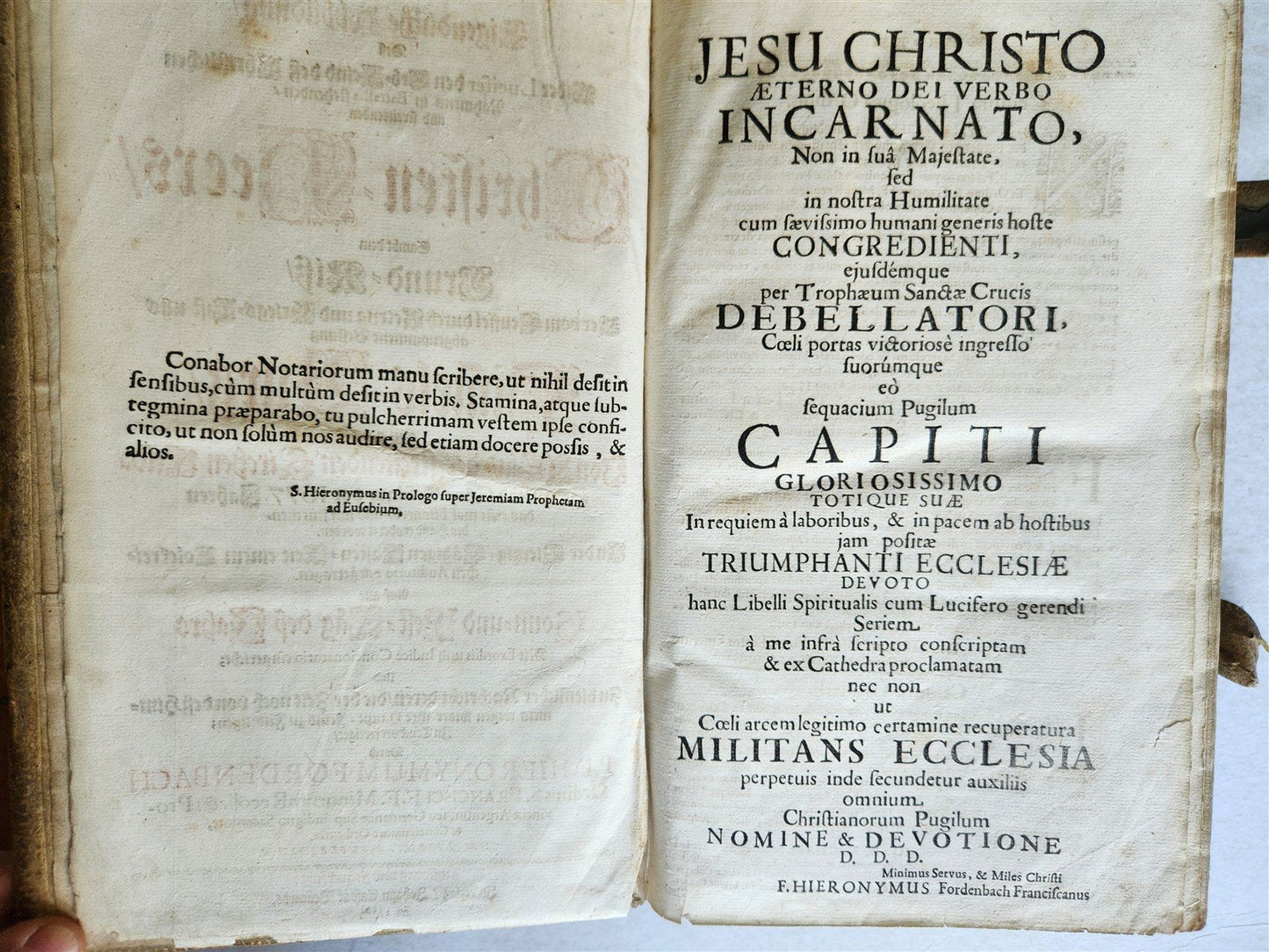 1710 DEPICTION of LUCIFER BATTLING w/ CHRISTIAN ARMY antique PIGSKIN BOUND FOLIO