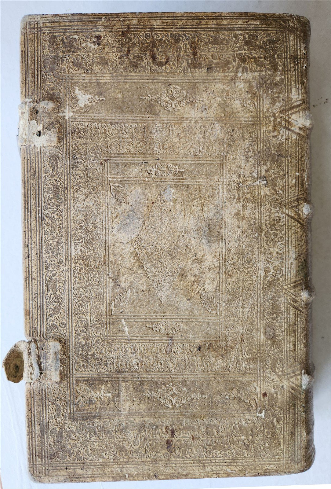 1710 DEPICTION of LUCIFER BATTLING w/ CHRISTIAN ARMY antique PIGSKIN BOUND FOLIO
