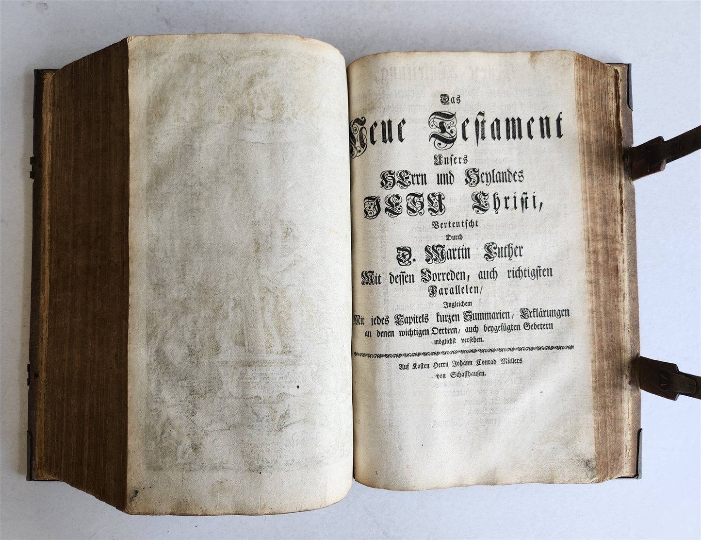 1770 BIBLE in GERMAN antique PIGSKIN FOLIO w/ BRASS FITTINGS illustrated w/ MAPS