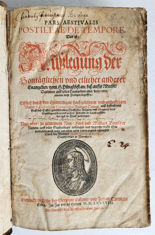 1588 SERMONS by LUIS de GRANADA ILLUSTRATED antique PIGSKIN BOUND FOLIO