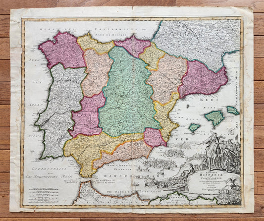 1730 SPAIN & PORTUGAL antique MAP REGNORUM HISPANIAE et PORTUGALLIAE by HOMANN