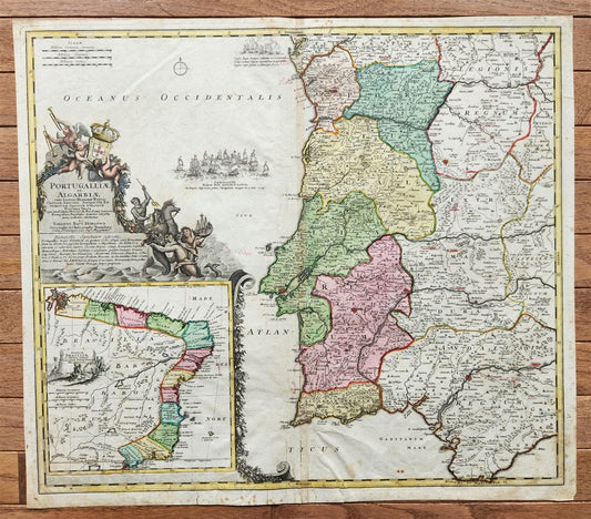1720 PORTUGAL & BRAZIL antique MAP PORTUGALLIAE et ALGARBIAE by HOMANN
