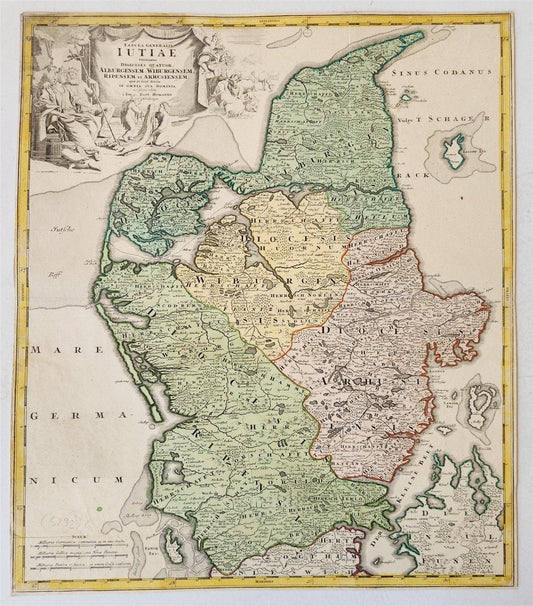 1710s DENMARK antique MAP IUTIAE Tabula Generalis by JOHANN HOMANN AUTHENTIC