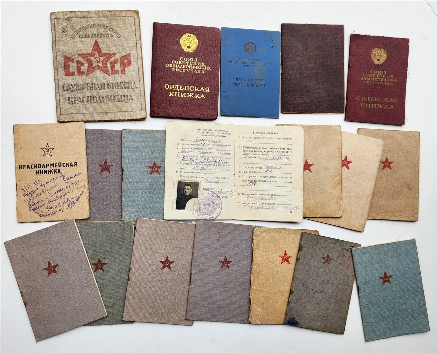 LOT of 19 RUSSIAN WWII ERA DOCUMENTS SOLDIER'S ID CARDS Soviet