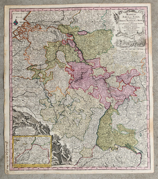 1740s GERMANY & FRANCE antique MAP MARTIS AREA et ALEA RHENI MOSSELAE ac MOSAE