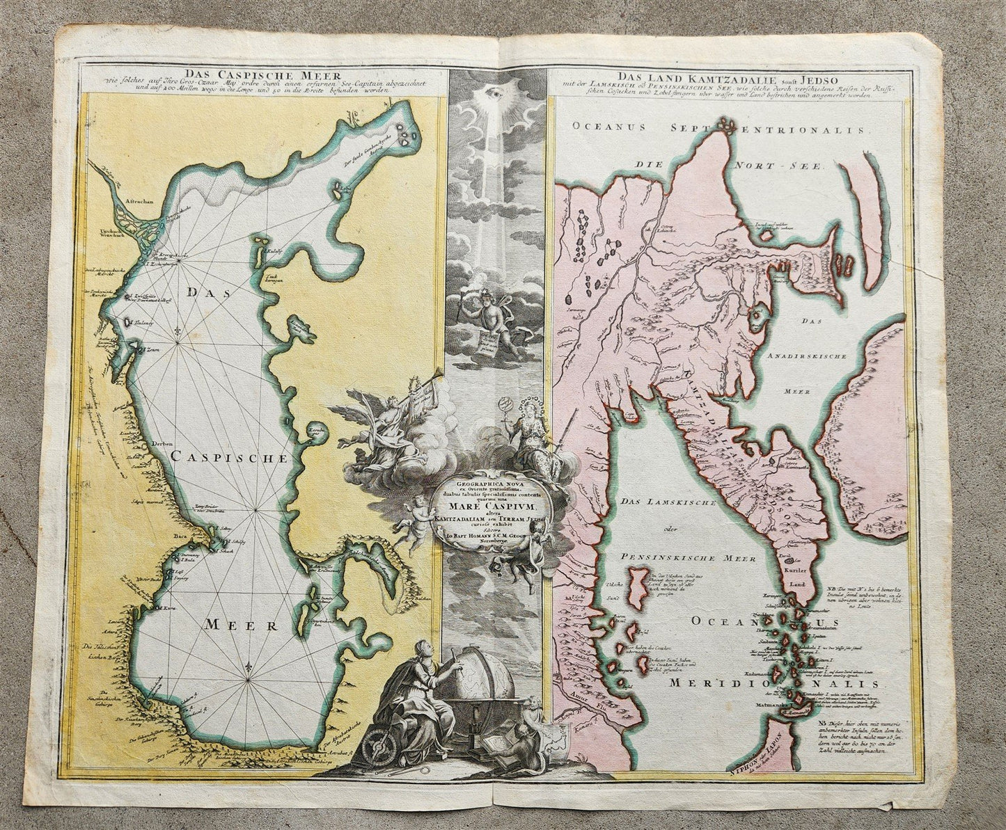 1730 CASPIAN SEA & KAMCHATKA antique MAP Russia by HOMANN HEIRS