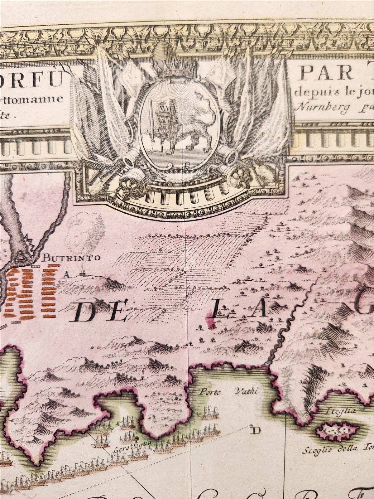 1720 SIEGE of CORFU by TURKS antique MAP GREECE by Ioh. Baptista Homanno