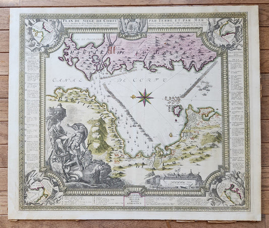 1720 SIEGE of CORFU by TURKS antique MAP GREECE by Ioh. Baptista Homanno