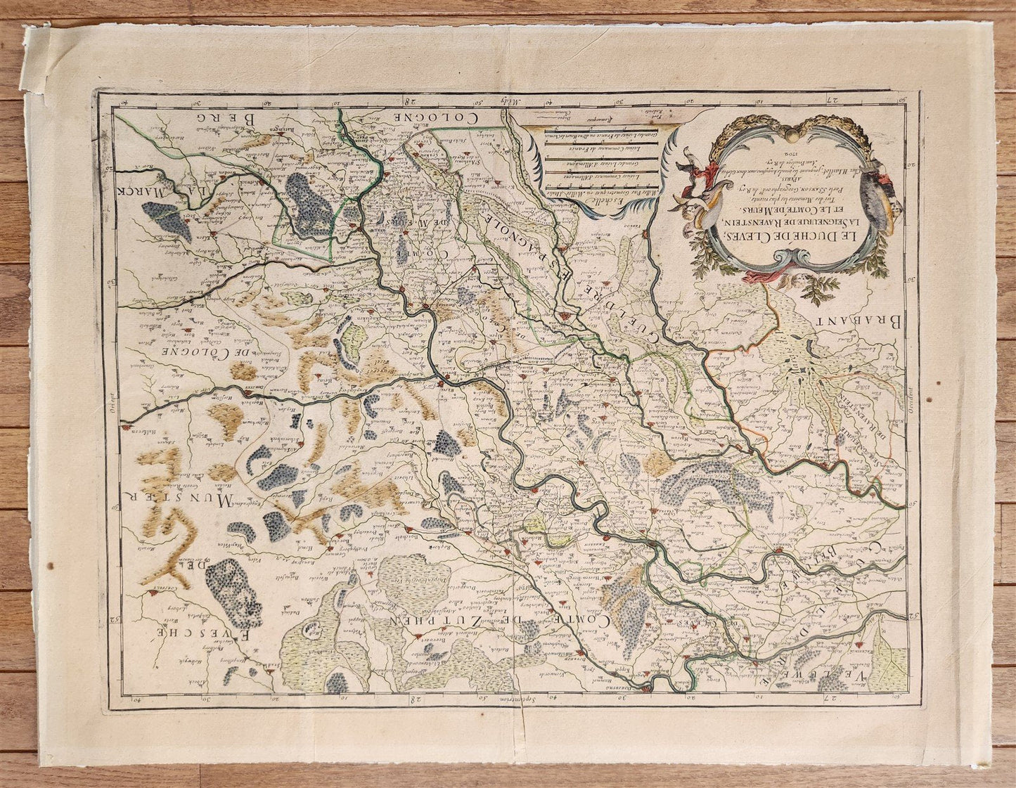1702 FRANCE LE DUCHE de CLEVES antique MAP by Hubert Jaillot