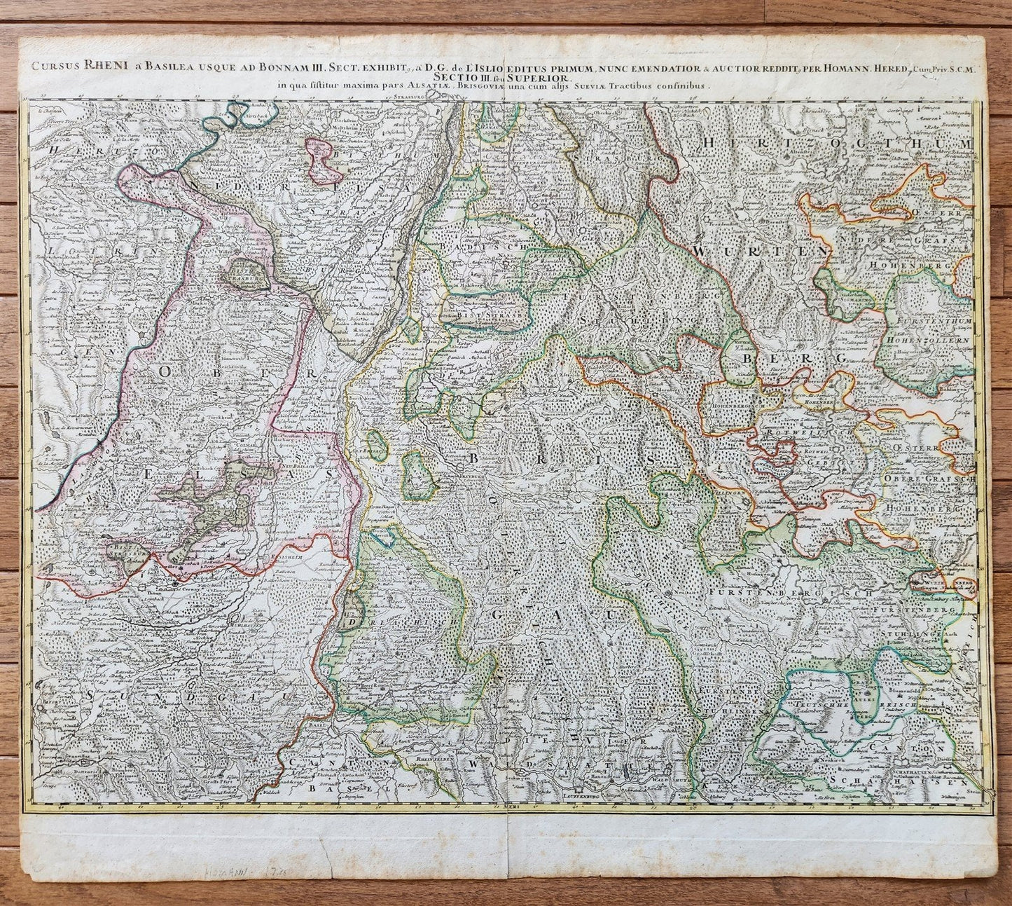 1730s CURSUS RHENI a BASILIAE MAP antique GERMANY SWITZERLAND AUSTRIA