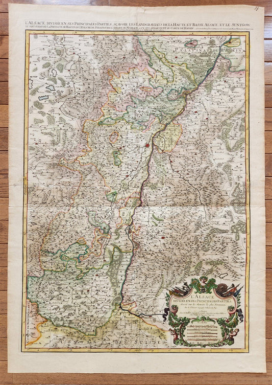 1692 ALSACE FRANCE antique MAP large size 25 by 35.5 inches 17th CENTURY