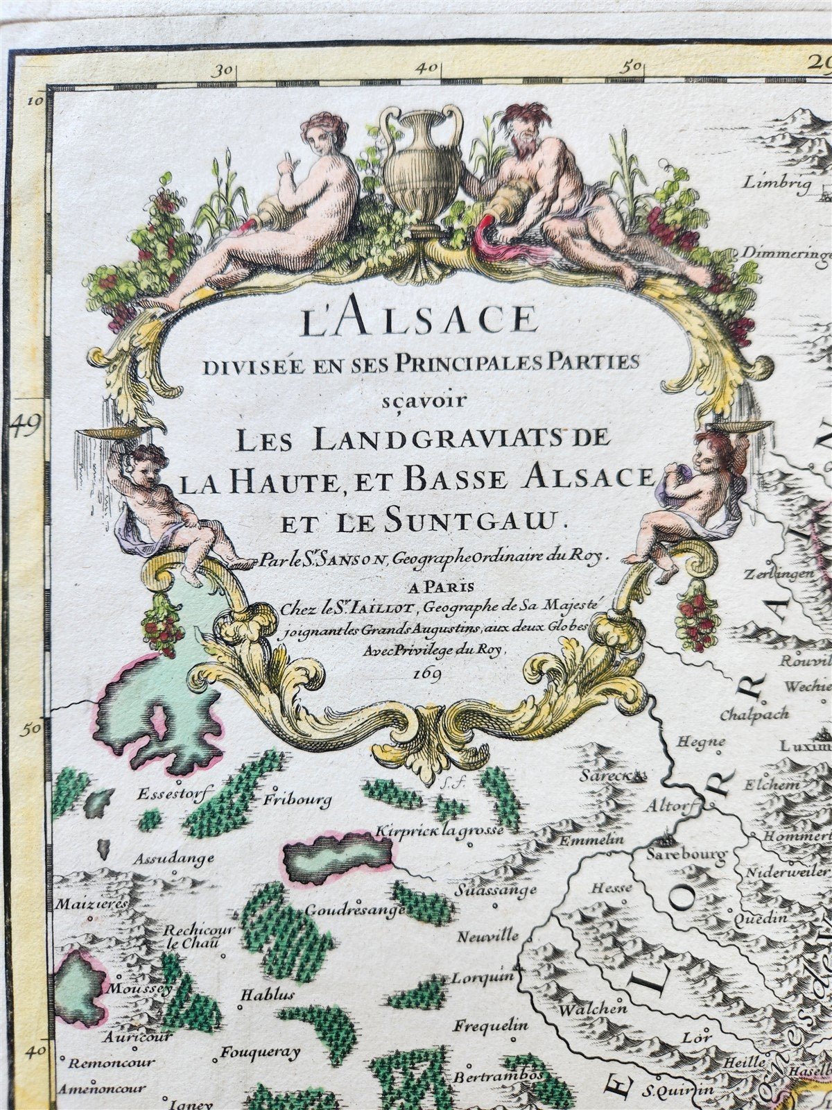 1707 ALSACE FRANCE antique MAP by SANSON printed by Jaillot in Paris LARGE SIZE