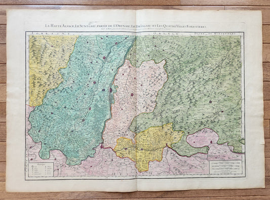 1706 ALSACE FRANCE antique MAP La Haute Alsace Le Suntgau Partie de L'Ortinau