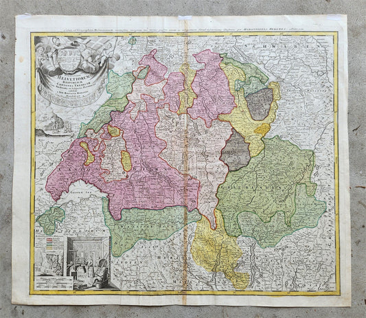 1732 SWITZERLAND antique MAP HELVETIORUM Reipublicae Cantones Tredicum J. Homann