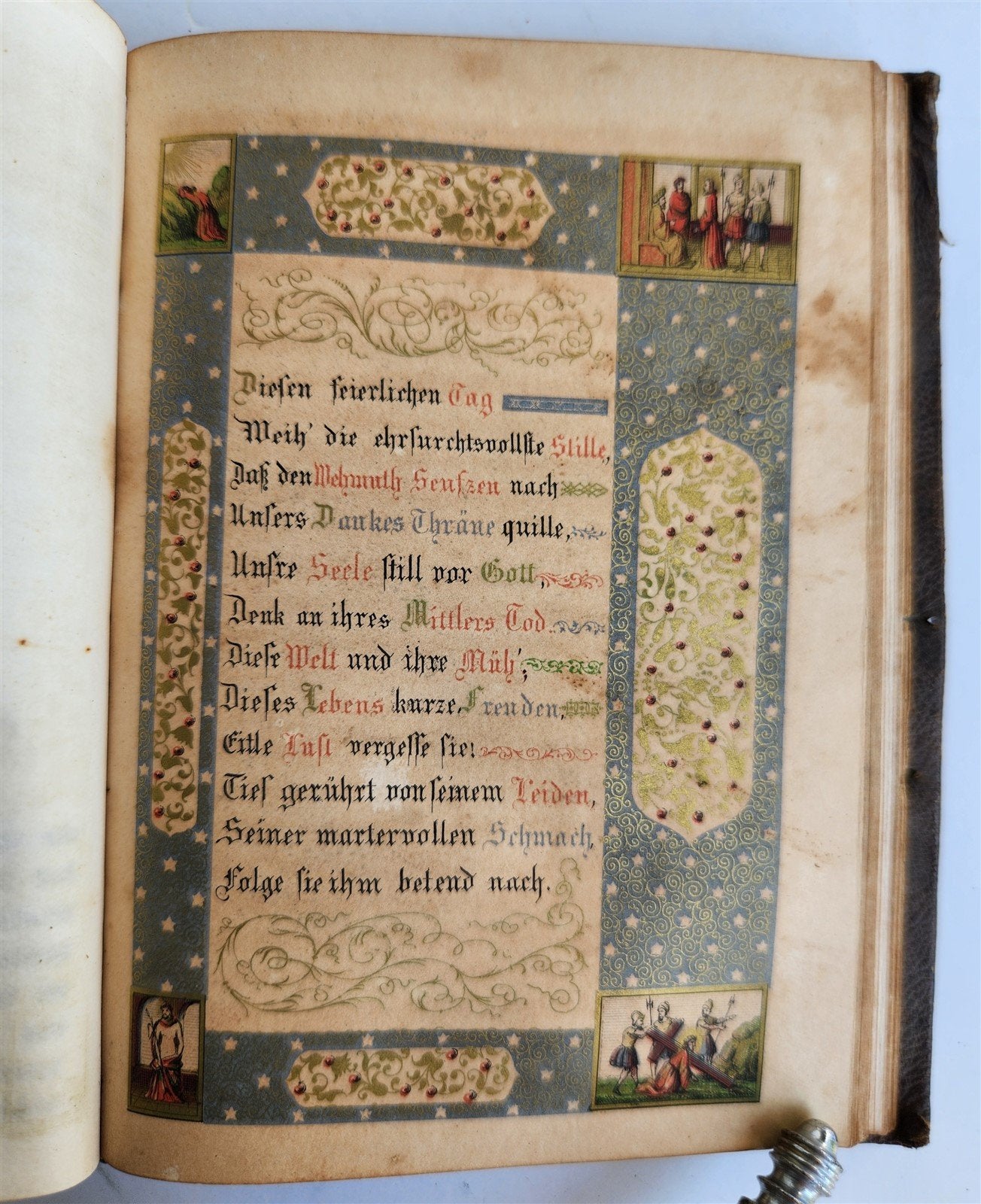 1852 GERMAN PRAYER BOOK antique w/ DECORATIVE BINDING illustrated