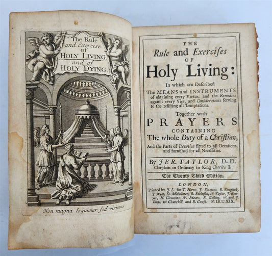 1719 THE RULE AND EXERCISES OF HOLY LIVING w/ PRAYERS antique in ENGLISH