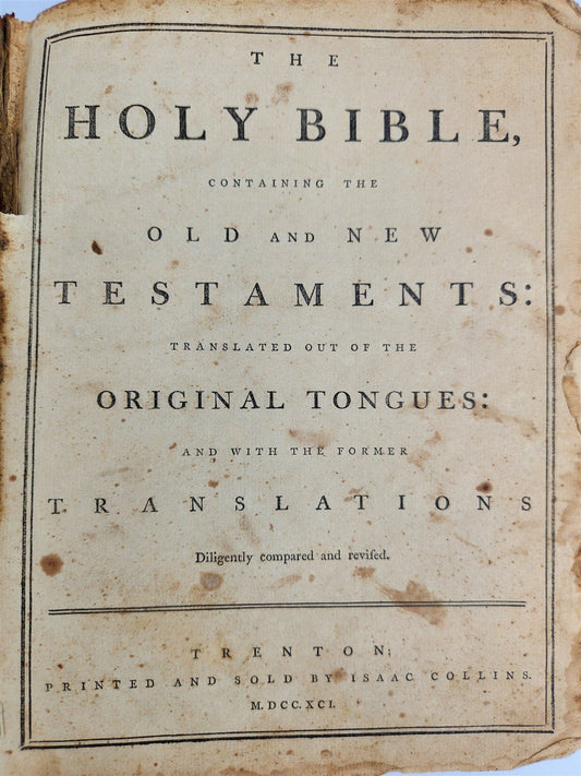 1791 BIBLE by ISAAC COLLINS FIRST printed in NEW JERSEY antique RARE Americana