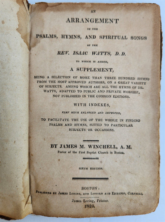 1823 ARRANGEMENT of PSALMS HYMNS & SPIRITUAL SONGS of I. Watts antique Americana