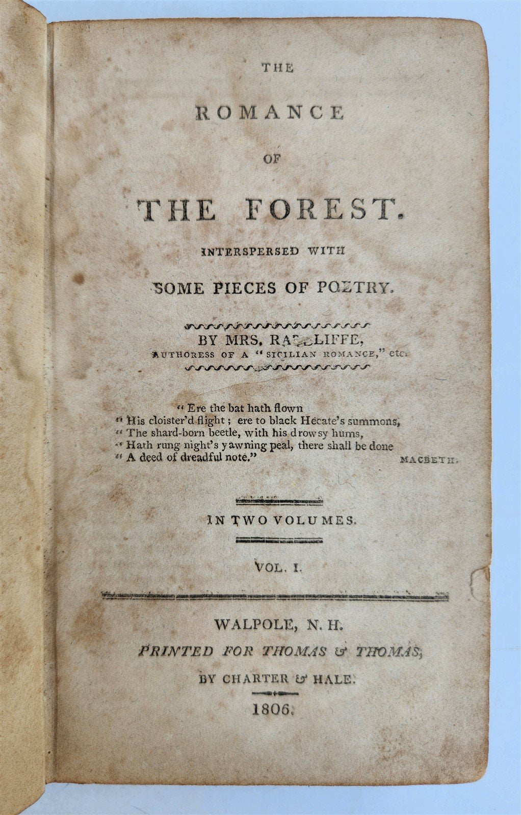 1806 ROMANCE of THE FOREST Mrs. Radcliffe antique female author POETRY Americana