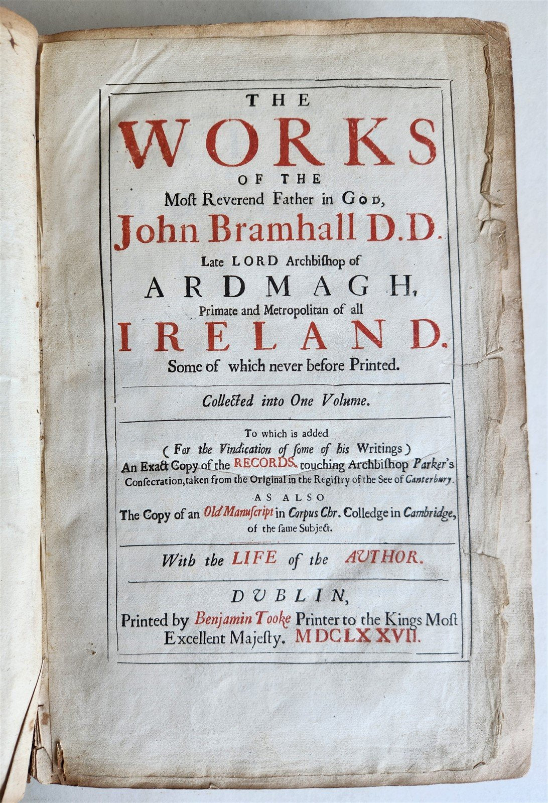 1677 WORK of JOHN BRAMHALL Metropolitan of all Ireland antique FOLIO in ENGLISH