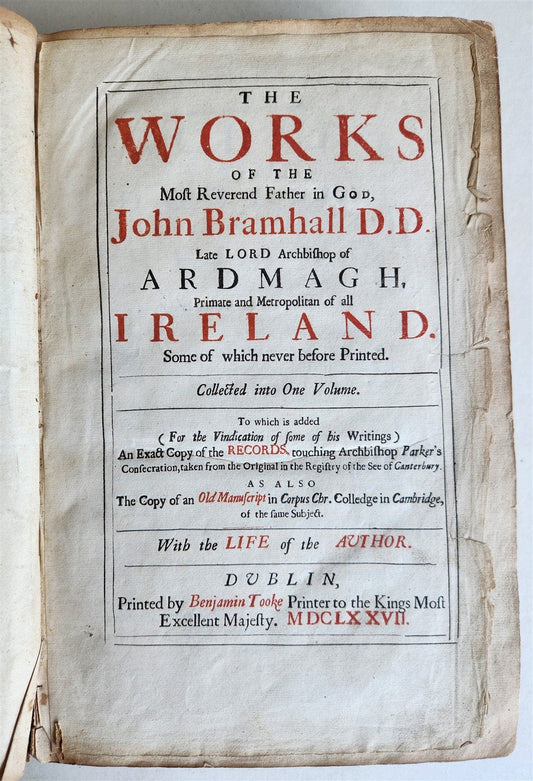 1677 WORK of JOHN BRAMHALL Metropolitan of all Ireland antique FOLIO in ENGLISH