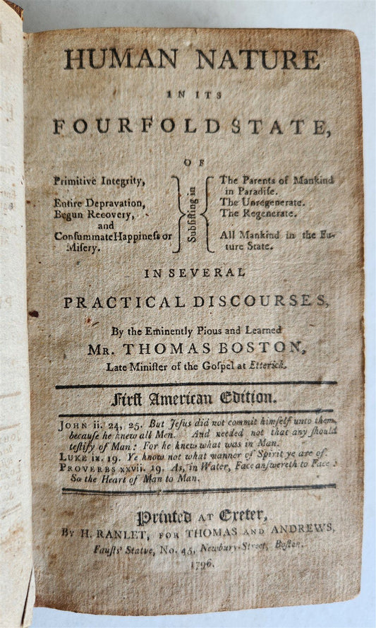 1796 HUMAN NATURE in its FOURFOLD STATE by THOMAS BOSTON antique 1st AMERICAN ED