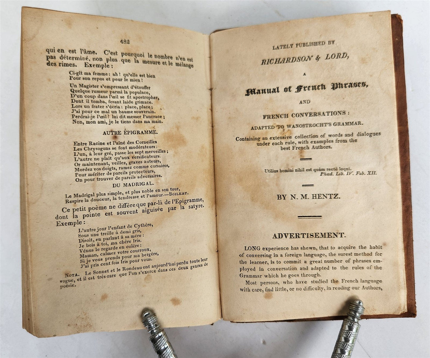 1825 GRAMMAR of the FRENCH LANGUAGE by N.Wanostrocht antique Boston