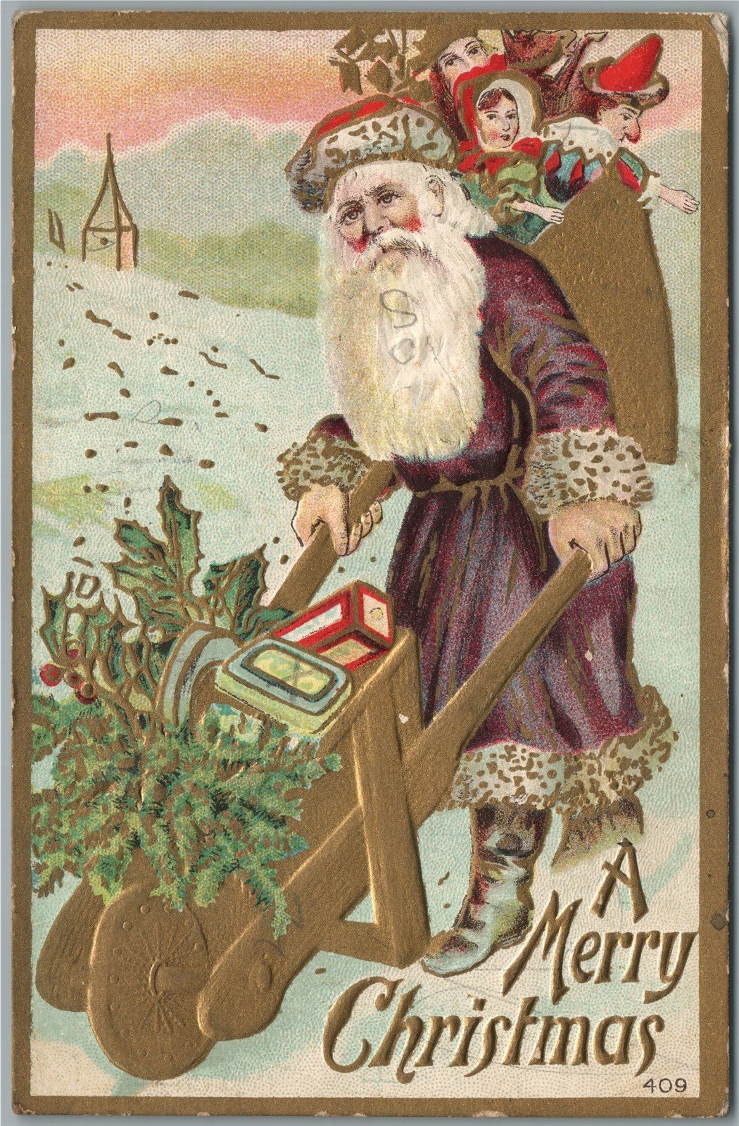 SANTA in PURPLE ROBE CHRISTMAS ANTIQUE POSTCARD