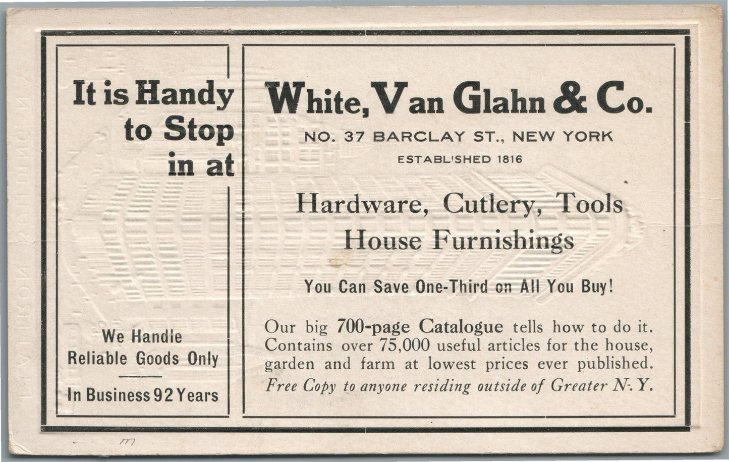 New York NY HARDWARE STORE ADVERTISING ANTIQUE POSTCARD