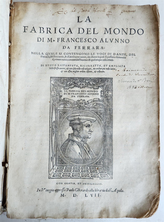 1557 LA FABRICA DEL MONDO antique VELLUM concordance of Petrarch's vocabulary
