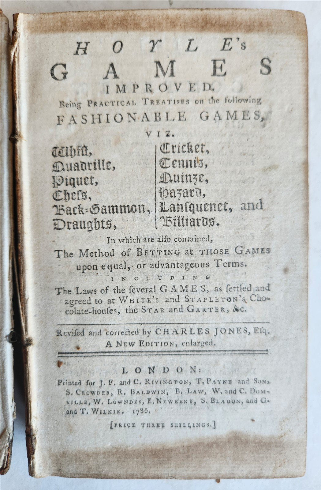 1786 HOYLE'S GAMES IMPROVED antique in ENGLISH