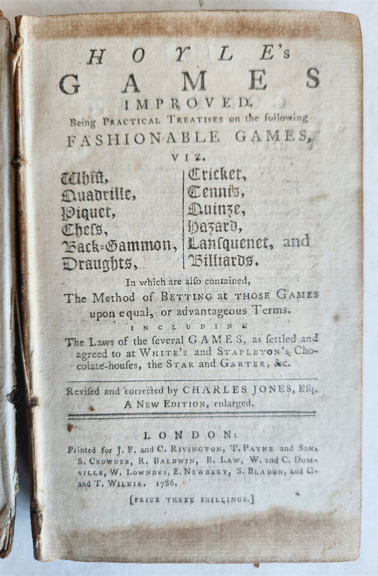1786 HOYLE'S GAMES IMPROVED antique in ENGLISH