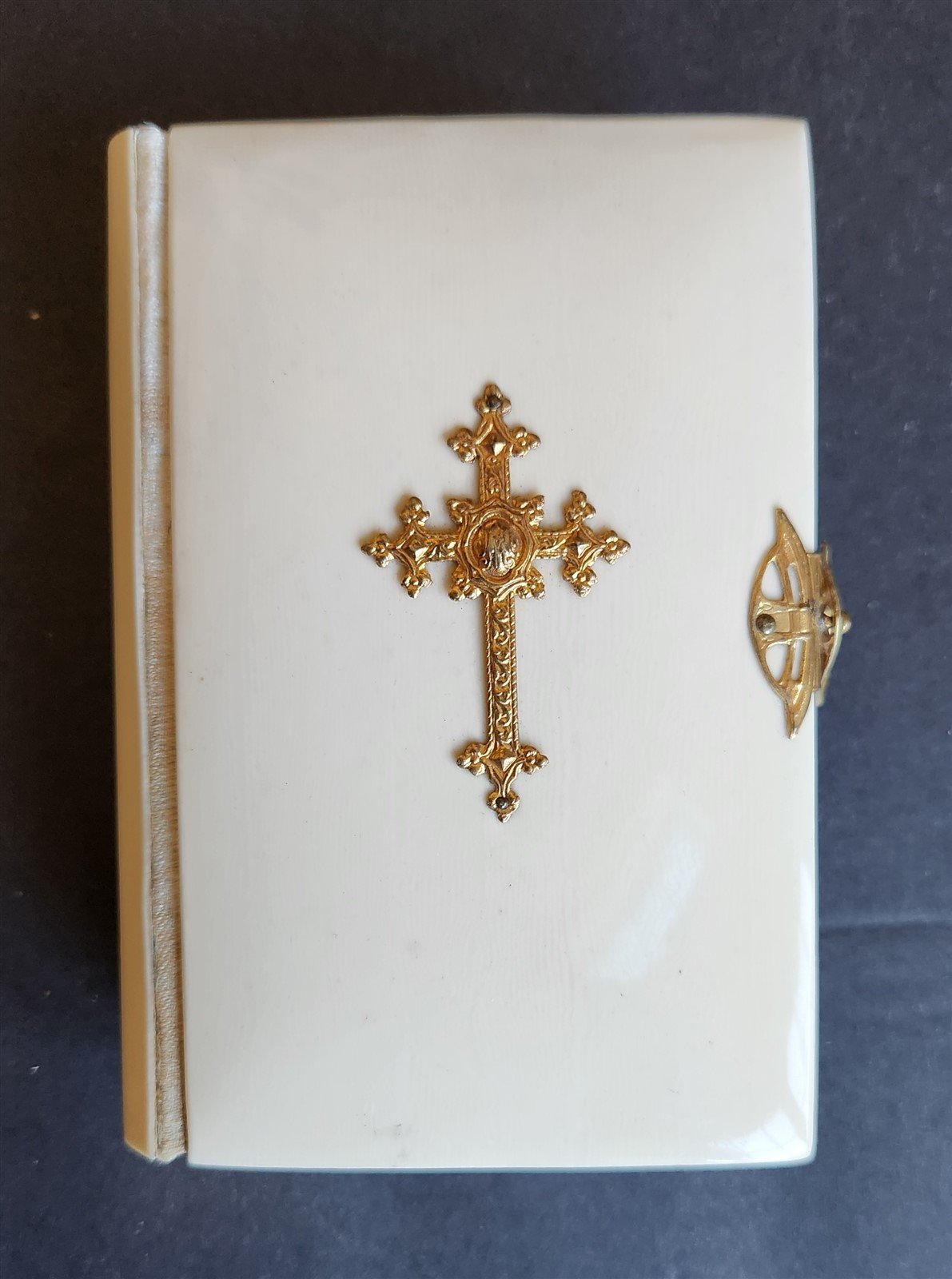 1880s PRAYER BOOK in GERMAN antique FINE BINDING w/ APPLIED BRASS CROSS