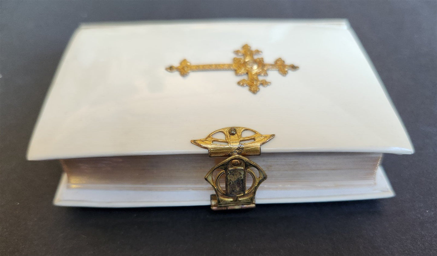 1880s PRAYER BOOK in GERMAN antique FINE BINDING w/ APPLIED BRASS CROSS