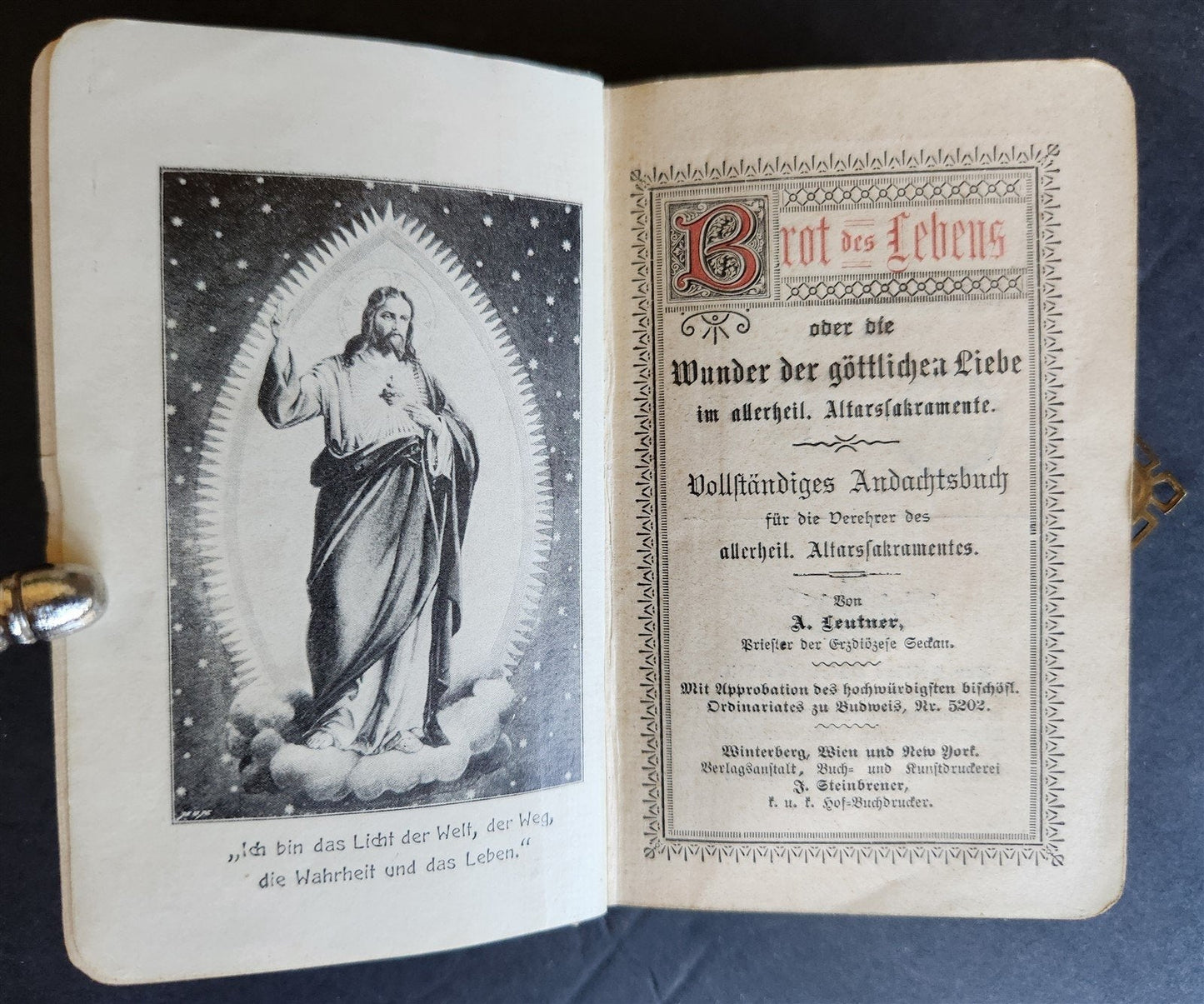 1890s PRAYER BOOK in GERMAN antique NICE BINDING w/ APPLIED BRASS CROSS