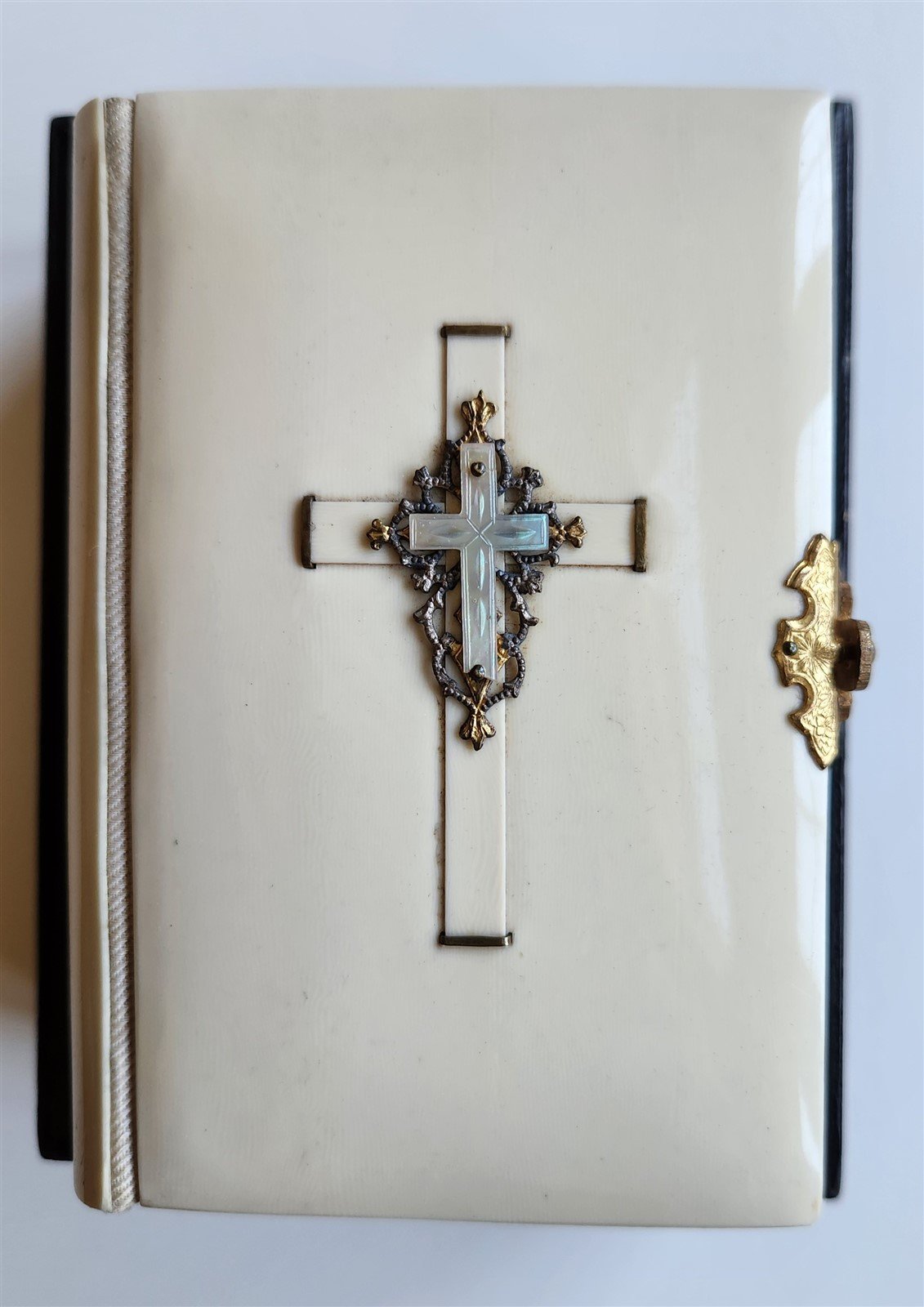 1890s DEVOTIONAL BOOK in GERMAN antique BINDING w/ APPLIED MOTHER OF PEARL CROSS