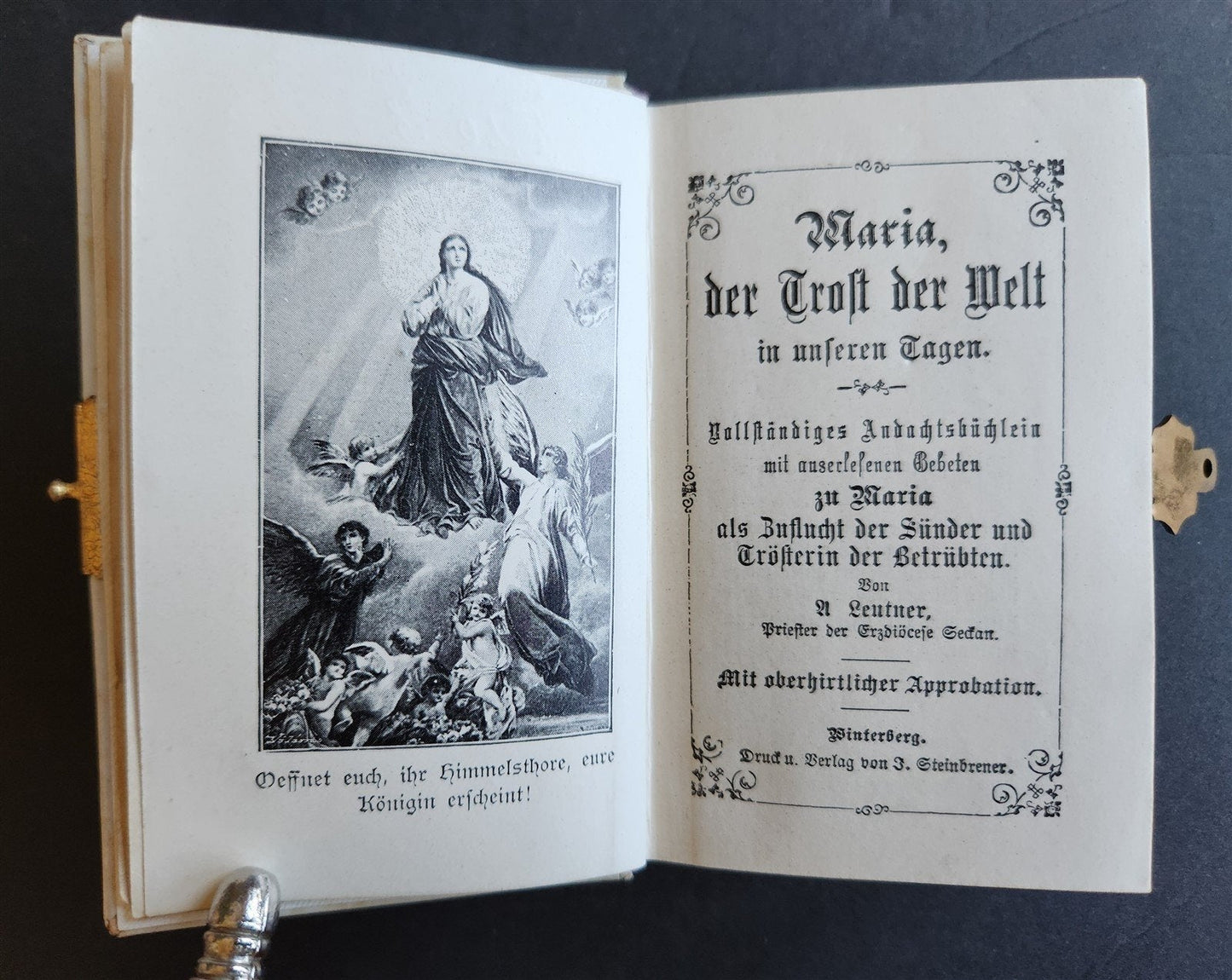 1890s DEVOTIONAL BOOK in GERMAN antique BINDING w/ APPLIED MOTHER OF PEARL CROSS