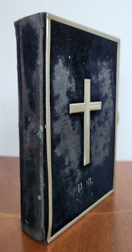 1853 GERMAN HYMNAL antique VELVET BINDING w/ APPLIED CROSS & BRASS EDGES