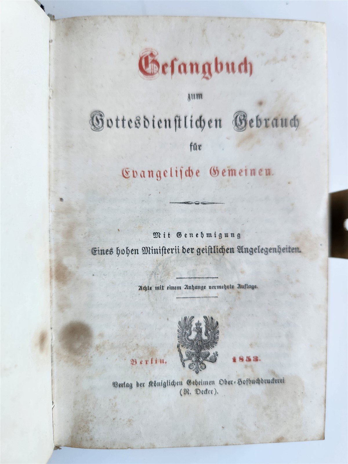 1853 GERMAN HYMNAL antique VELVET BINDING w/ APPLIED CROSS & BRASS EDGES