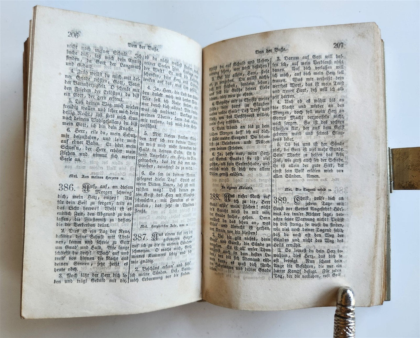 1853 GERMAN HYMNAL antique VELVET BINDING w/ APPLIED CROSS & BRASS EDGES