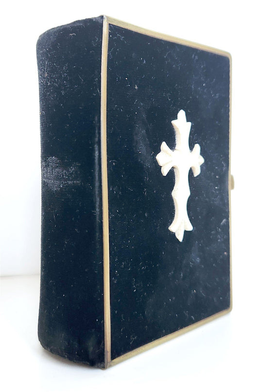 1891 SWEDISH HYMNAL antique VELVET BINDING w/ BONE CROSS & BRASS EDGES