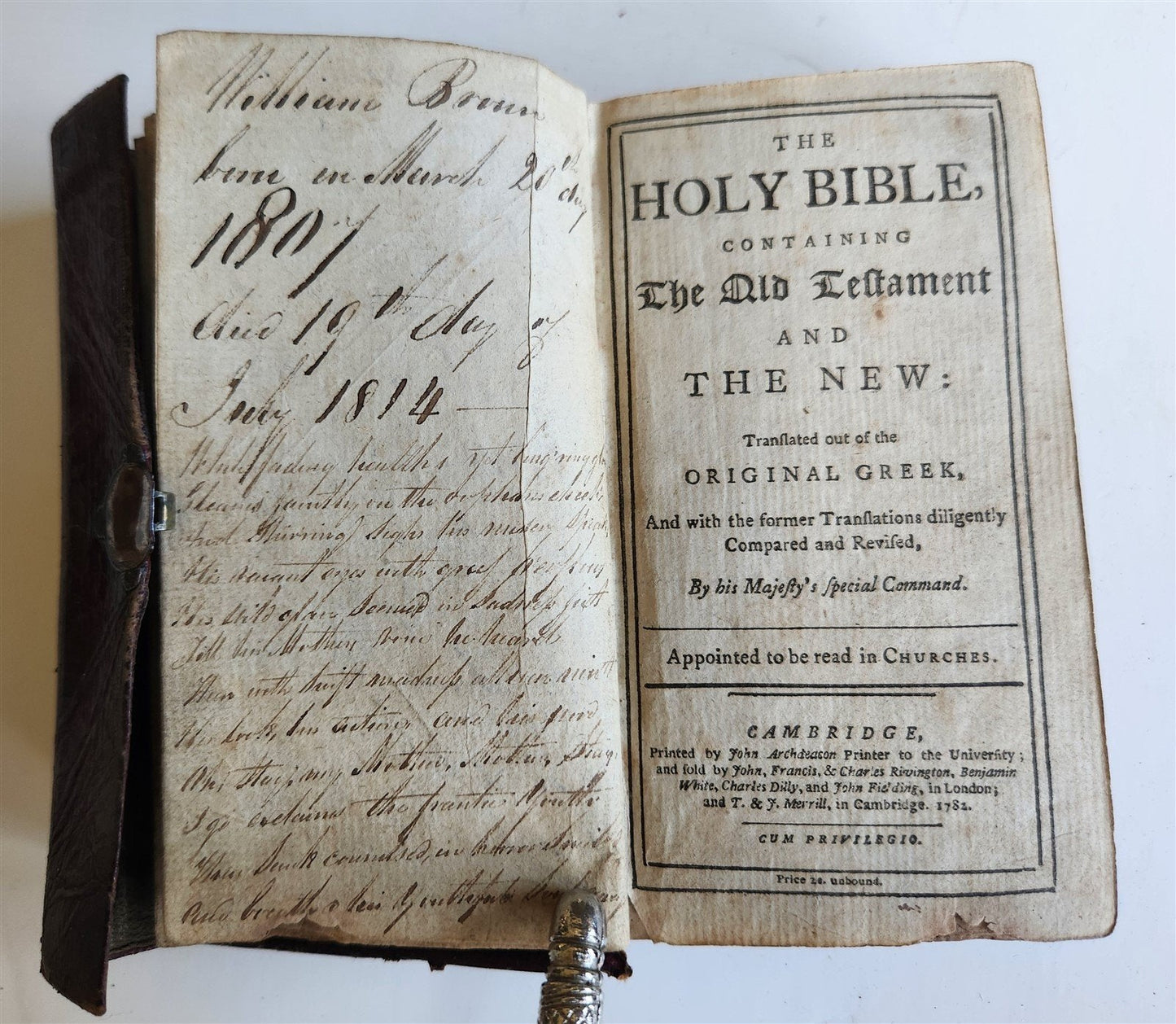 1782 BIBLE in ENGLISH antique CAMBRIDGE wallet style leather binding