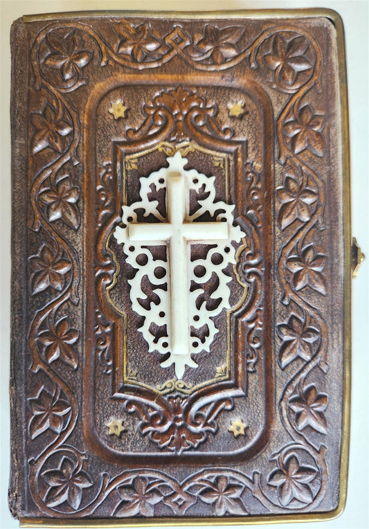 1870s PRAYER BOOK in GERMAN antique APPLIED BONE CROSS BINDING DIE HIMMELSPFORTE