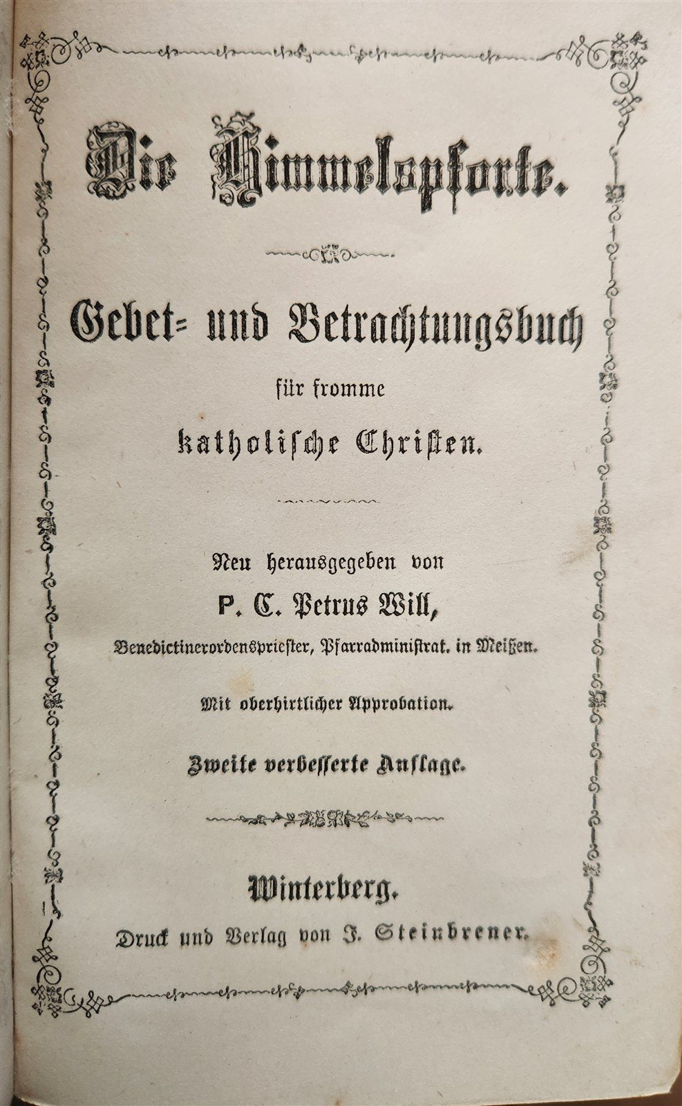 1870s PRAYER BOOK in GERMAN antique APPLIED BONE CROSS BINDING DIE HIMMELSPFORTE