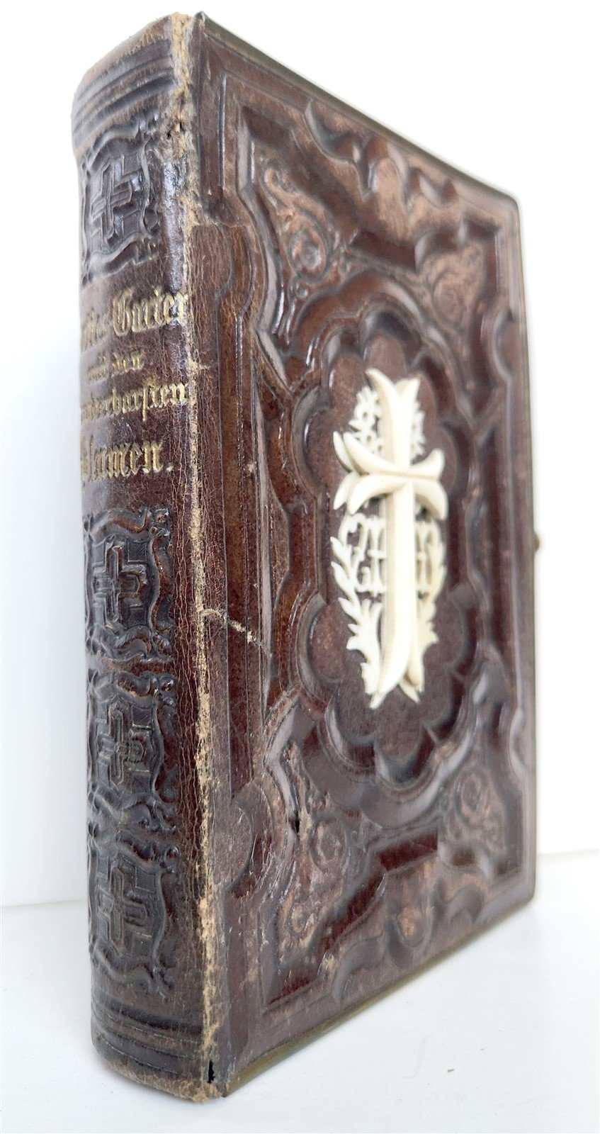 1870s PRAYER in GERMAN antique BINDING w/ APPLIED BONE CROSS