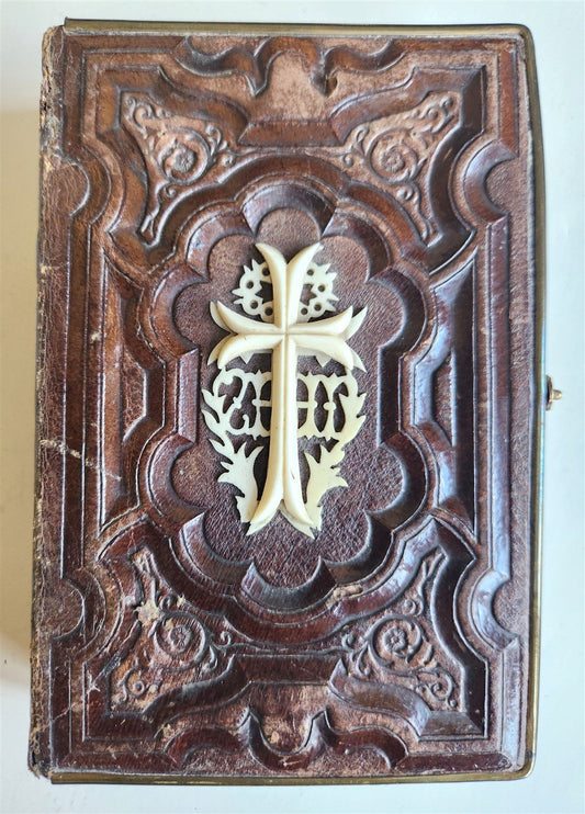 1870s PRAYER in GERMAN antique BINDING w/ APPLIED BONE CROSS