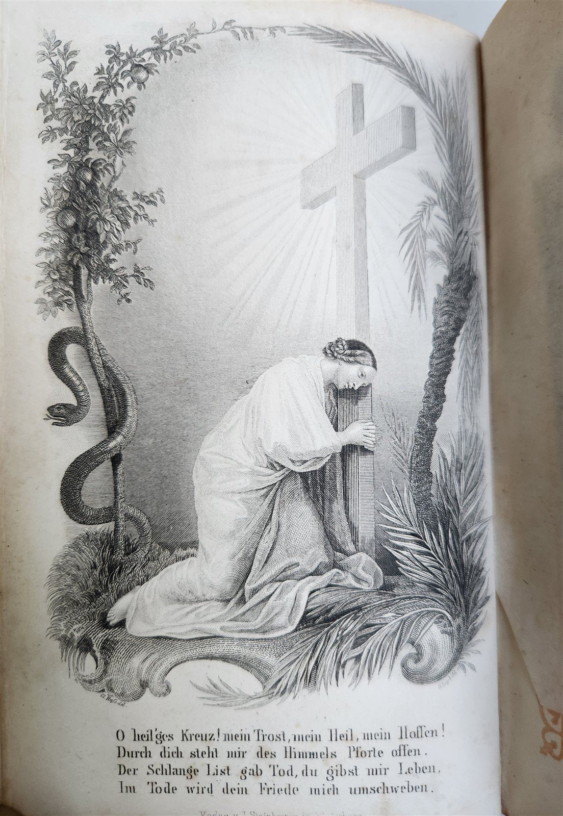 1870s PRAYER in GERMAN antique BINDING w/ APPLIED BONE CROSS